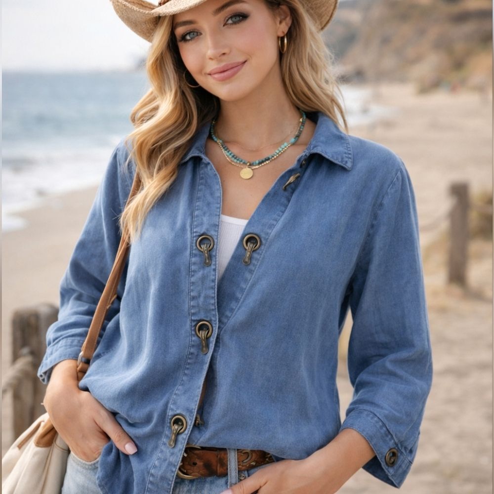 Soft Surroundings Blue Tencel Shirt L 3/4 Sleeve Hook & Eye Faux Suede Coastal C